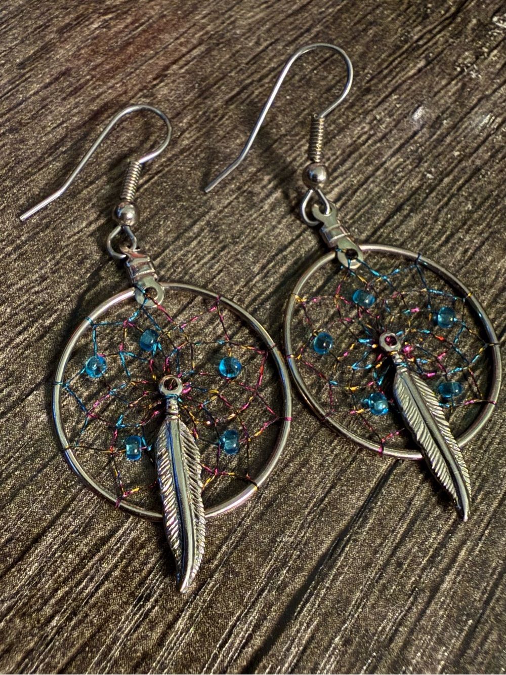 Silver Dreamcatcher Feather Drop Earrings with Blue Beads